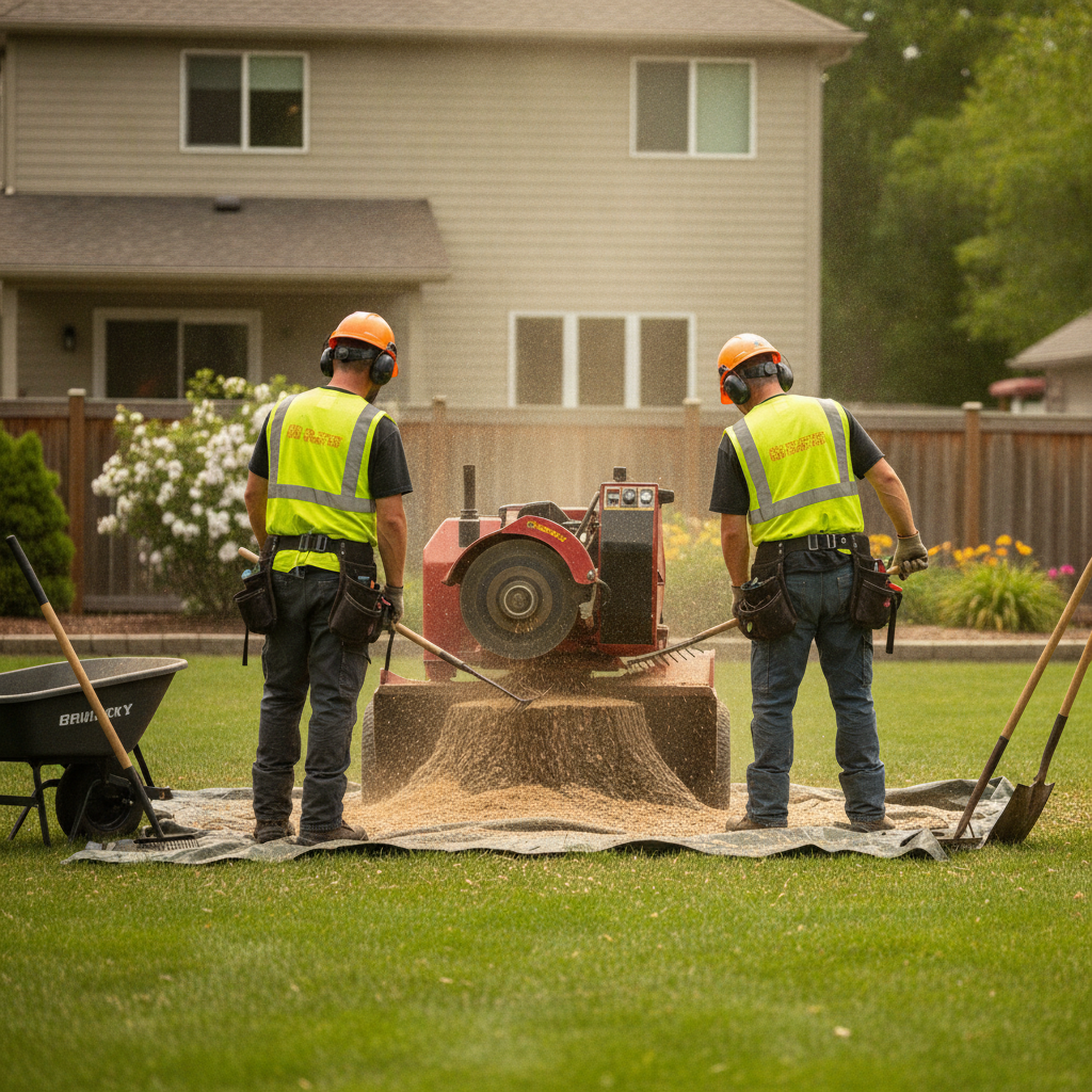 Create a realistic, professional service-business photograph showing Stump Grinding from behind, with the backs of their heads visible. Do not show any faces, facial features, front-facing views or side views, profiles, or identifiable peop