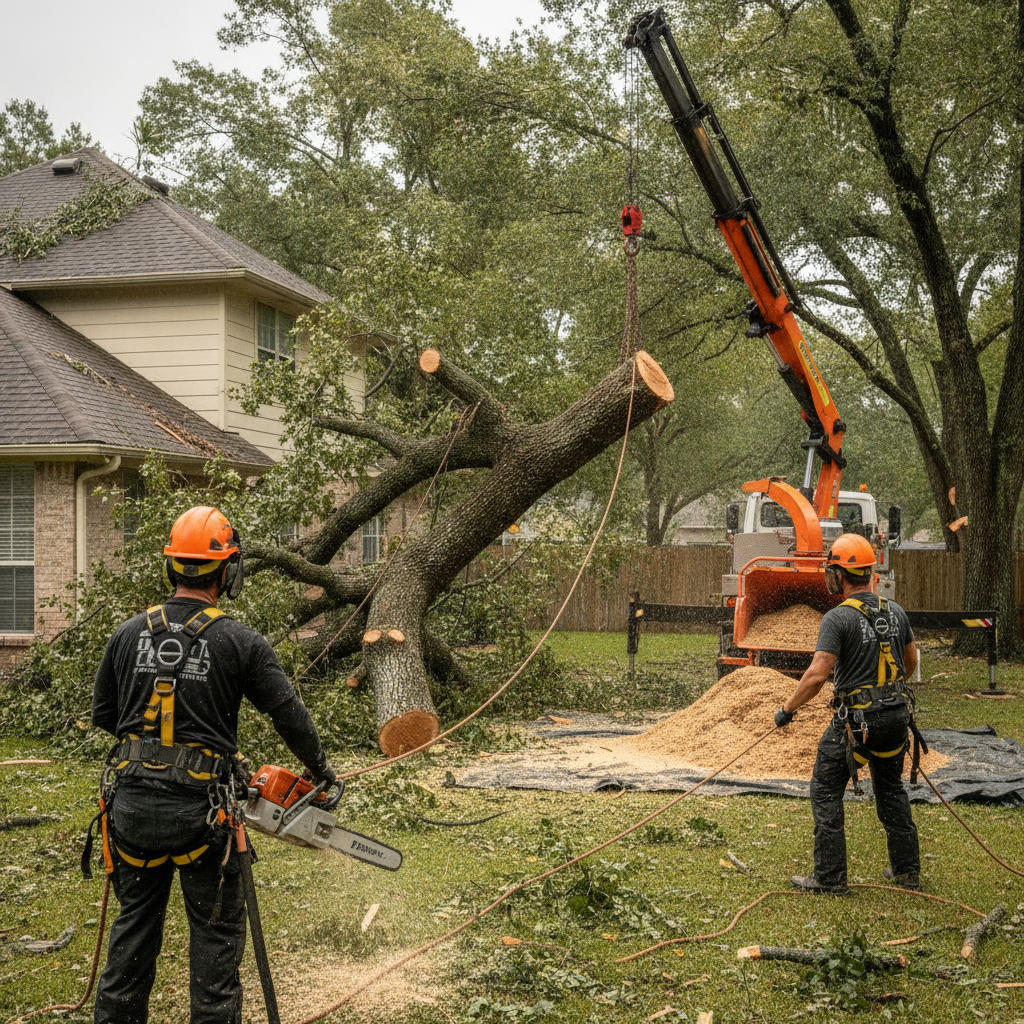 Create a realistic, professional service-business photograph showing Emergency Tree Removal from behind, with the backs of their heads visible. Do not show any faces, facial features, front-facing views or side views, profiles, or identifia