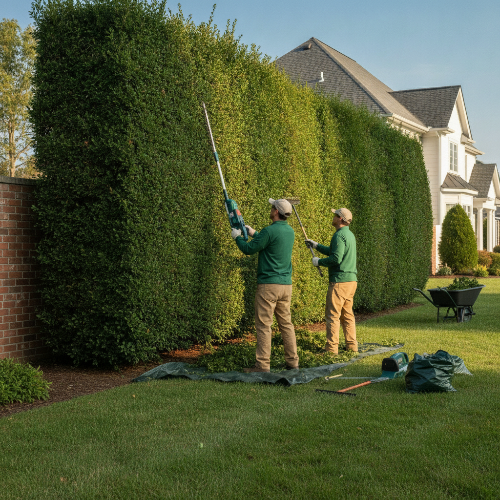 Create a realistic, professional service-business photograph showing Hedge Trimming from behind, with the backs of their heads visible. Do not show any faces, facial features, front-facing views or side views, profiles, or identifiable peop